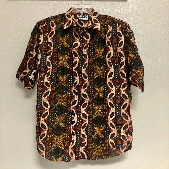 90s Grunge Fall Colors‎ Cotton Short Sleeve Button Up - Size Women's Medium (M) - Picture 1 of 9